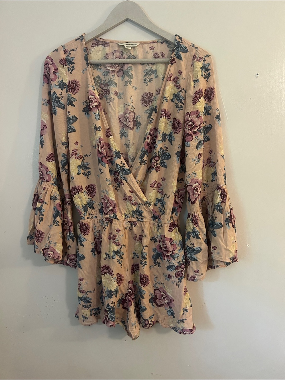 American Eagle Outfitters Peach Floral Wrap Romper